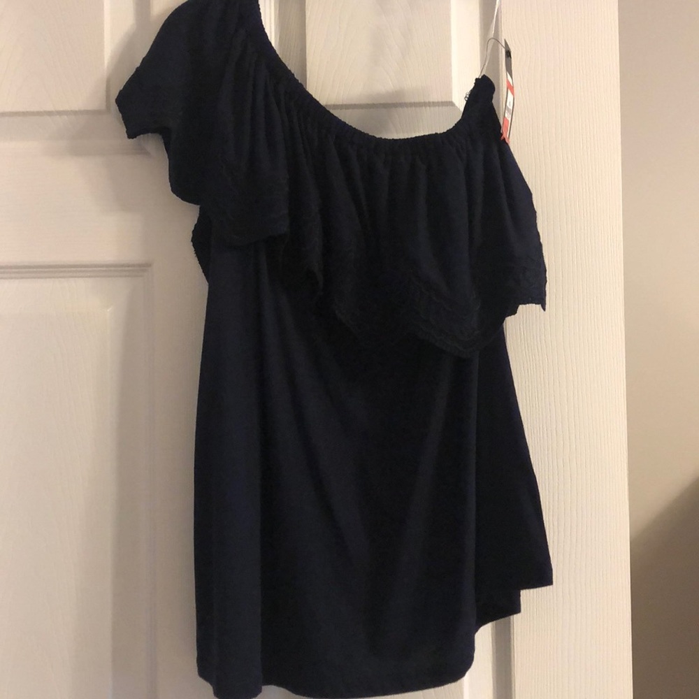 One shoulder navy crown and ivy top